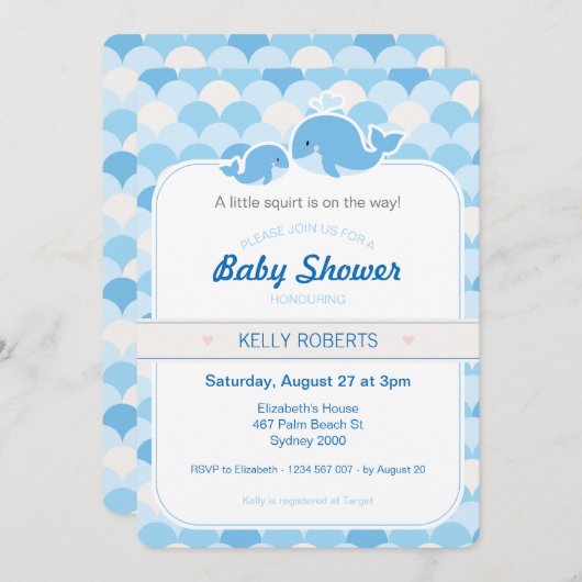 Whale Baby shower Invitation - Blauw Kaart (Voorkant / Achterkant)