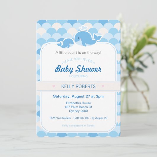 Whale Baby shower Invitation - Blauw Kaart (Staand voorkant)