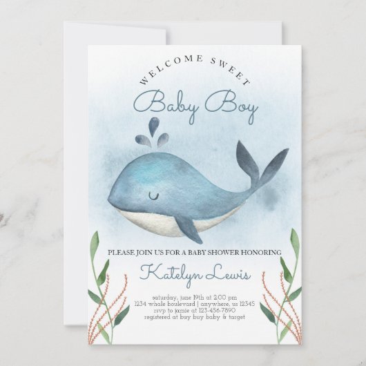 Whale Baby shower Invitation for Baby Boy Kaart (Voorkant)