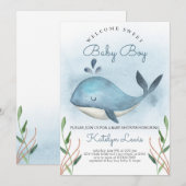 Whale Baby shower Invitation for Baby Boy Kaart (Voorkant / Achterkant)