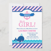 Whale Baby shower Invitation Girl Pink Kaart (Voorkant)