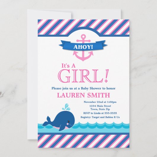 Whale Baby shower Invitation Girl Pink Kaart (Voorkant)