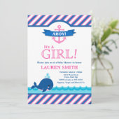 Whale Baby shower Invitation Girl Pink Kaart (Staand voorkant)