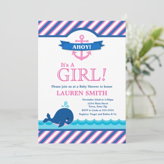 Whale Baby shower Invitation Girl Pink Kaart (Staand voorkant)