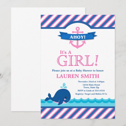 Whale Baby shower Invitation Girl Pink Kaart (Voorkant / Achterkant)