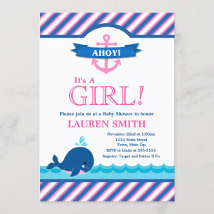 Whale Baby shower Invitation Girl Pink Kaart