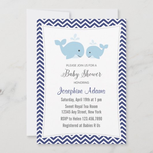 Whale Baby shower Invitation Navy Blue Kaart (Voorkant)