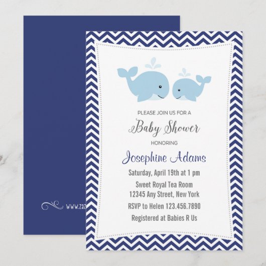 Whale Baby shower Invitation Navy Blue Kaart (Voorkant / Achterkant)