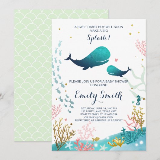 Whale Baby shower Invitation Ocean Ahoy Boy Cute Kaart (Voorkant / Achterkant)