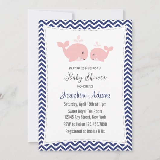 Whale Baby shower Invitation Pink Navy Blue Kaart (Voorkant)