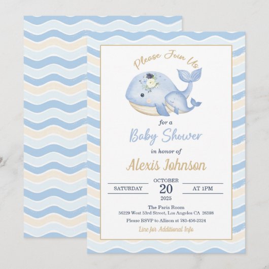 Whale Baby shower Invitation Wavy Achtergrond Kaart (Voorkant / Achterkant)