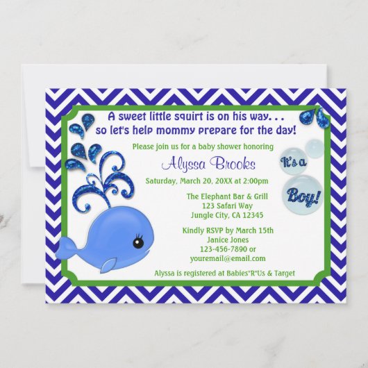 Whale Baby Shower Invitations Chevron Blue Green Kaart (Voorkant)