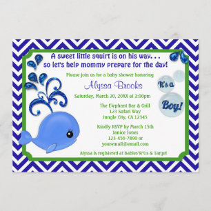 Whale Baby Shower Invitations Chevron Blue Green Kaart