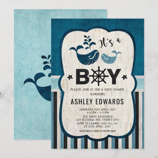 Whale Baby shower Invite Ahoy Het is een Boy Nauti Kaart (Voorkant / Achterkant)