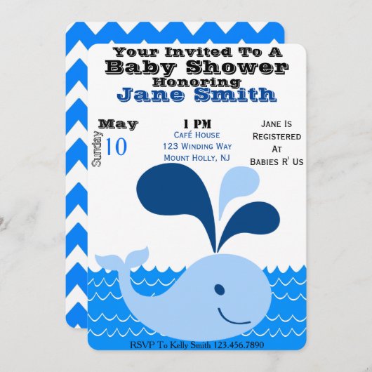 Whale Baby shower Invite (Boy) Kaart (Voorkant / Achterkant)