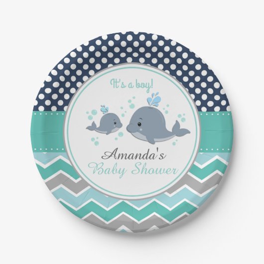 Whale Baby shower Papier Bord Boy Chevron Polka (Voorkant)