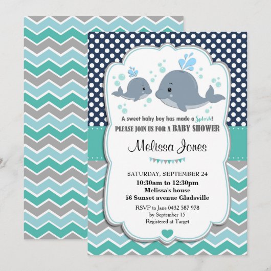 Whale Baby shower Personalized Invitation Baby Boy Kaart (Voorkant / Achterkant)