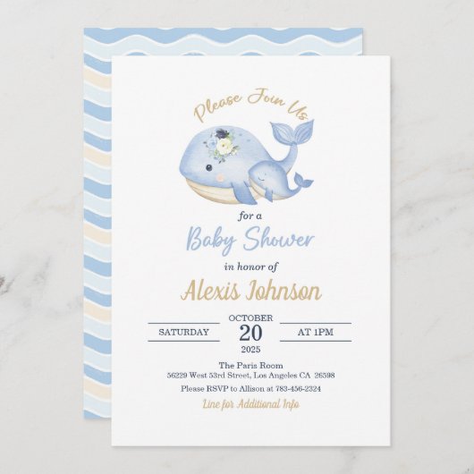 Whale Baby shower uitnodiging voor de jongen (Voorkant / Achterkant)