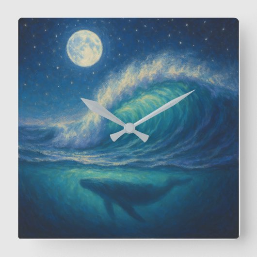 Whale Beneath Moonlit Wave - Pastel Painting Style Vierkante Klok (Voorkant)