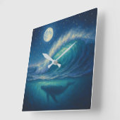 Whale Beneath Moonlit Wave - Pastel Painting Style Vierkante Klok (Hoek)