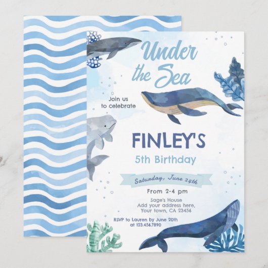 Whale Birthday Invitation Kaart (Voorkant / Achterkant)
