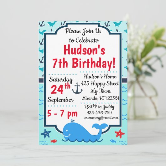 Whale Birthday Invitation Kaart (Staand voorkant)