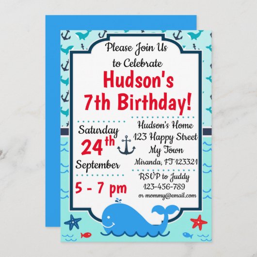 Whale Birthday Invitation Kaart (Voorkant / Achterkant)