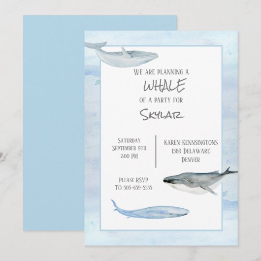 Whale Birthday Party Invitation Kaart (Voorkant / Achterkant)