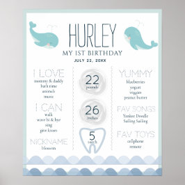 Whale Blue 1st Birthday Milestone Poster