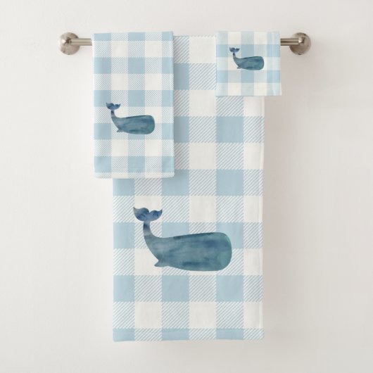 Whale Blue Check Gingham Patroon Badhanddoek Set Bad Handdoek (Insitu)