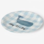 Whale Blue Gingham Baby shower Ahoy het is een jon Papieren Bordje (Gekanteld)