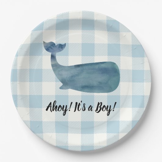 Whale Blue Gingham Baby shower Ahoy het is een jon Papieren Bordje (Voorkant)