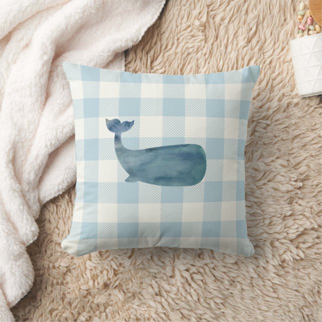 Whale Blue Gingham Check Coastal Kussen (Deken)