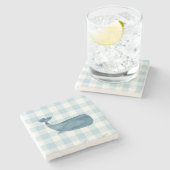 Whale Blue Gingham Check Coastal Stenen Onderzetter (Zijkant)
