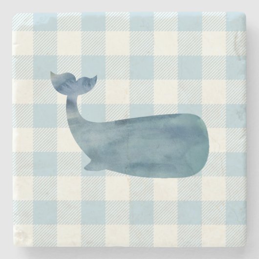 Whale Blue Gingham Check Coastal Stenen Onderzetter (Voorkant)