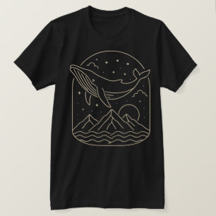 Whale en Mountain Night Minimalist Line Art T-shirt