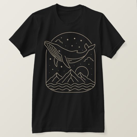 Whale en Mountain Night Minimalist Line Art T-shirt (Design voorkant)