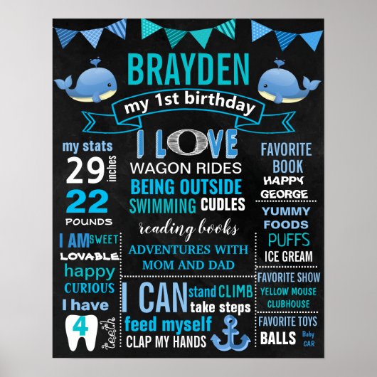 Whale First Birthday Chalkboard voor een jongen Poster (Voorkant)