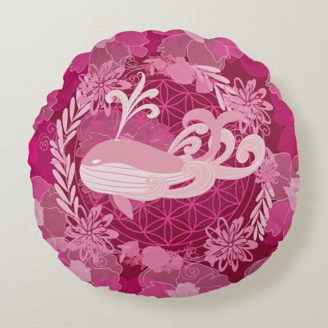 Whale flower of life rond kussen (Voorkant)