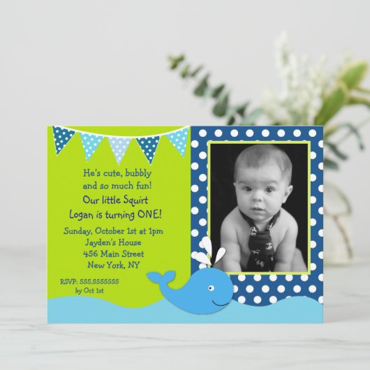 Whale Foto Birthday Party Invitations Kaart (Staand voorkant)