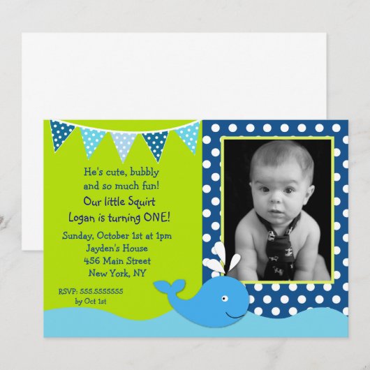 Whale Foto Birthday Party Invitations Kaart (Voorkant / Achterkant)