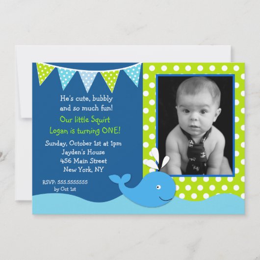 Whale Foto Birthday Party Invitations Kaart (Voorkant)