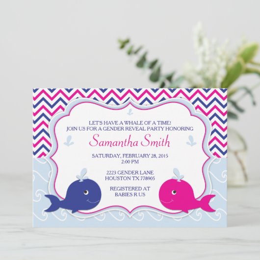 Whale Gender onthulling Baby shower Uitnodiging (Staand voorkant)