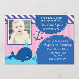 Whale Girl Birthday Invitation 5x7 1e verjaardag Kaart
