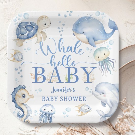 Whale Hello Baby Shower Boy Blue Ocean Papieren Bordje