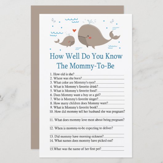 Whale Hoe goed ken je het baby shower spel? (Voorkant / Achterkant)