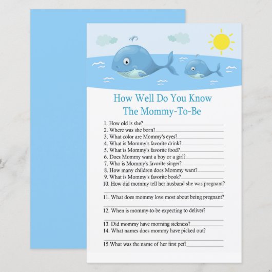 Whale Hoe goed ken je het baby shower spel? (Voorkant / Achterkant)