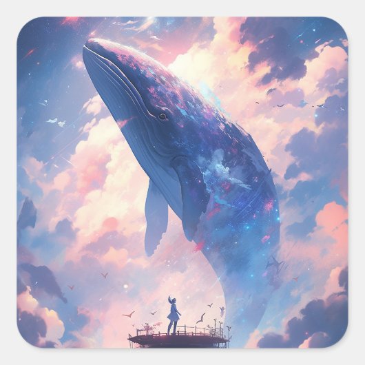 Whale in the Sky Fantasy Kunst Vierkante Sticker (Voorkant)
