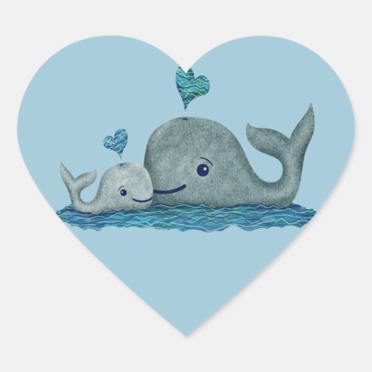 Whale Mam en Baby zwemmen in het Zee Hart Sticker (Voorkant)
