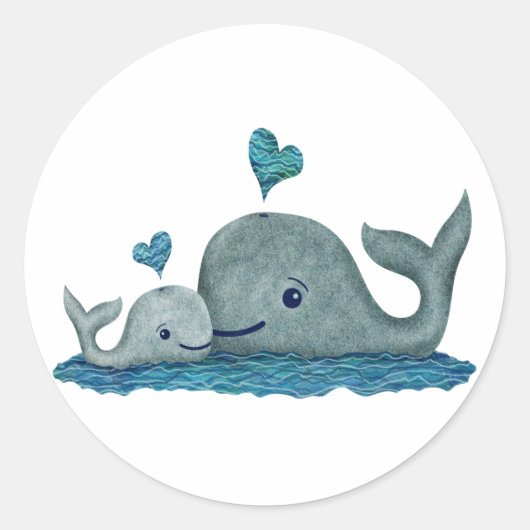 Whale Mam en Baby zwemmen in het Zee Ronde Sticker (Voorkant)